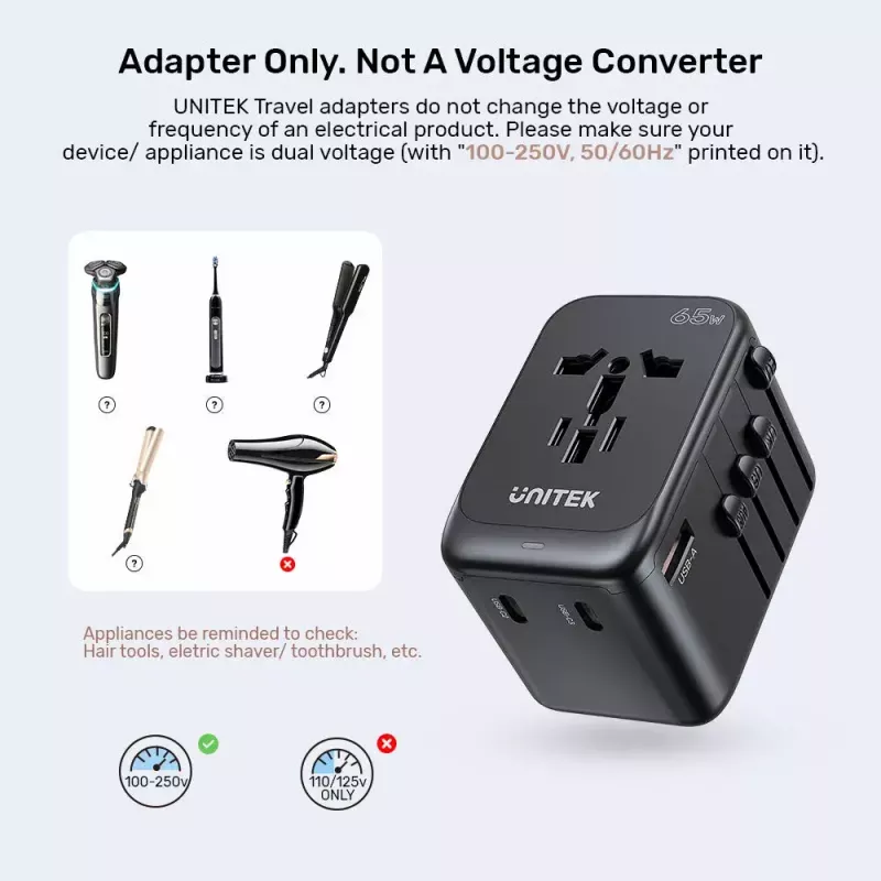 Reiseadapter UNITEK P1122ABK01 Universal Schwarz Typ C G I