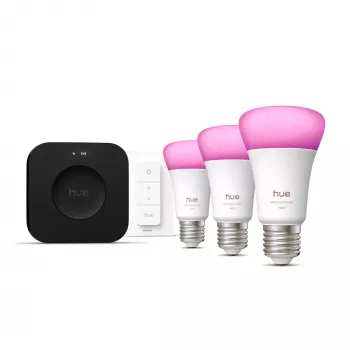 Smart-Lichtset Philips Hue White and Colour Ambience Starter Kit — 3 E27 Smart-Lampen, Dimmschalter, Bridge Pro, Bluetooth/Zigbee