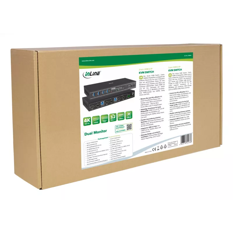 InLine 57885G KVM-Switch, 2-fach, HDMI & DP, Dual-Monitor, 4K60Hz, USB-Hub, schwarz