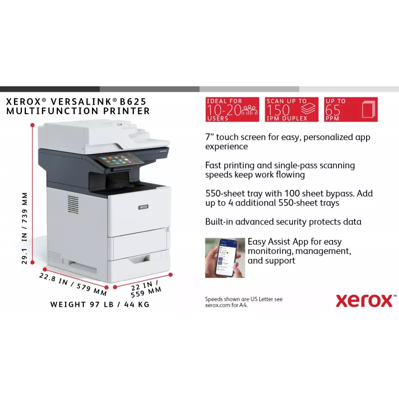Xerox VersaLink B625 A4 61ppm Duplex Kopieren/Drucken/Scannen/Fax PS3 PCL5e/6 2 Papierkassetten 650 Blatt