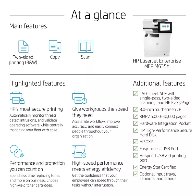HP LaserJet Enterprise MFP M635h, Laser, Monodruck, 1200 x 1200 DPI, Monokopieren, A4, Schwarz, Weiß