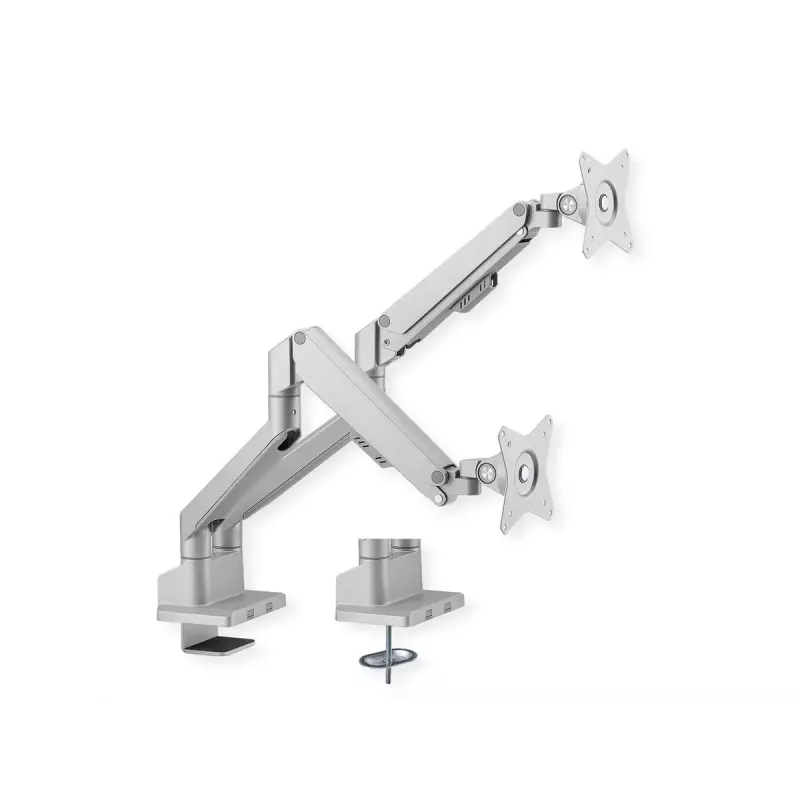 ROLINE 17.03.1158 Dual-Monitorarm, Tischklemmmontage, Gasfeder, 5 Gelenke, 17–32 Zoll, bis 2x 9 kg, silberfarben