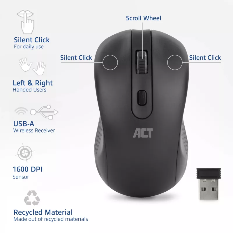 ACT AC5105 beidhändige kabellose Maus, schwarz