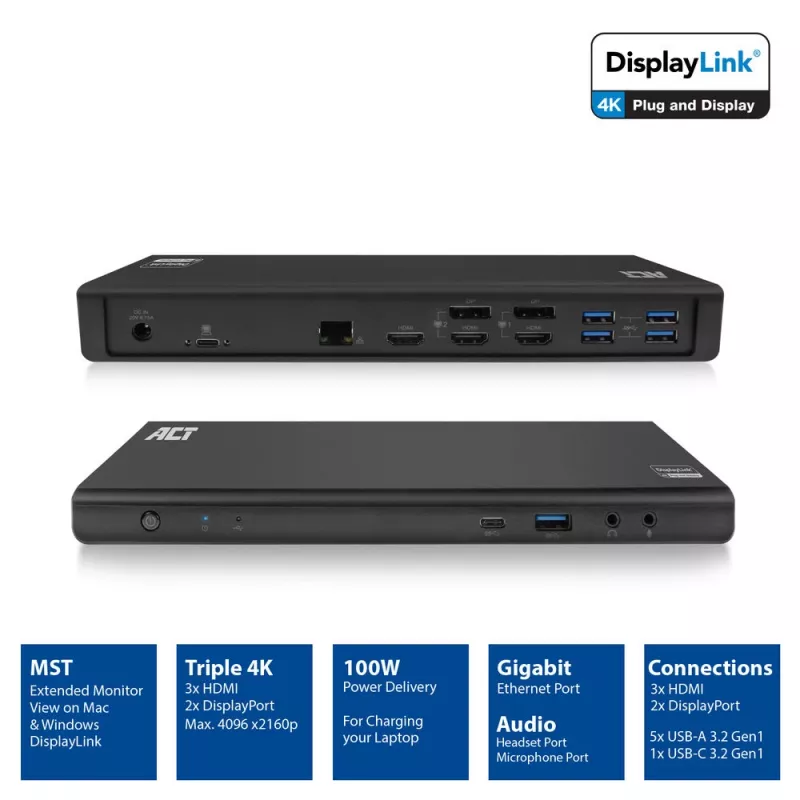 ACT USB-C Docking Station 4K, für 2 oder 3 HDMI/DisplayPort-Monitore, DisplayLink