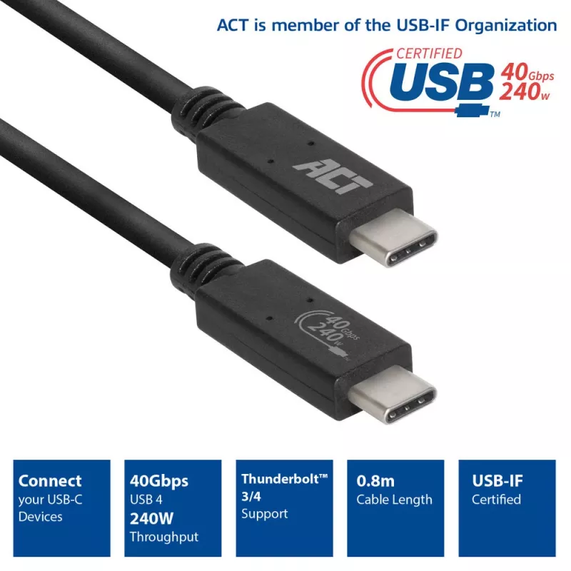 ACT USB4® 40Gbps 240W USB Type-C® Kabel, USB-IF zertifiziert, 0,8 Meter