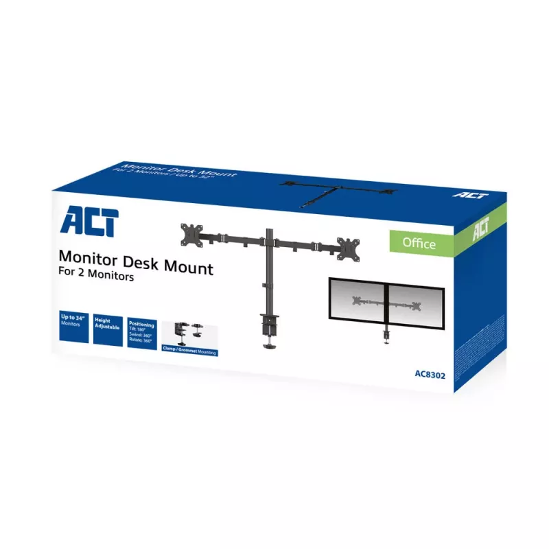 ACT AC8302 Dual-Monitor-Tischhalterung, bis 32 Zoll, Klemme/Durchschraubbefestigung, Schwarz