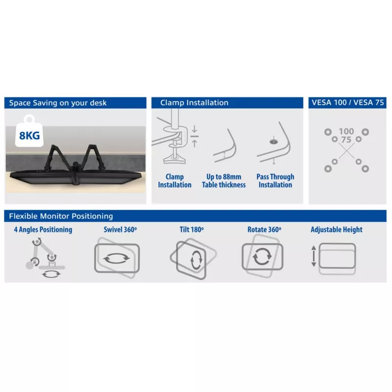 ACT AC8302 Dual-Monitor-Tischhalterung, bis 32 Zoll, Klemme/Durchschraubbefestigung, Schwarz