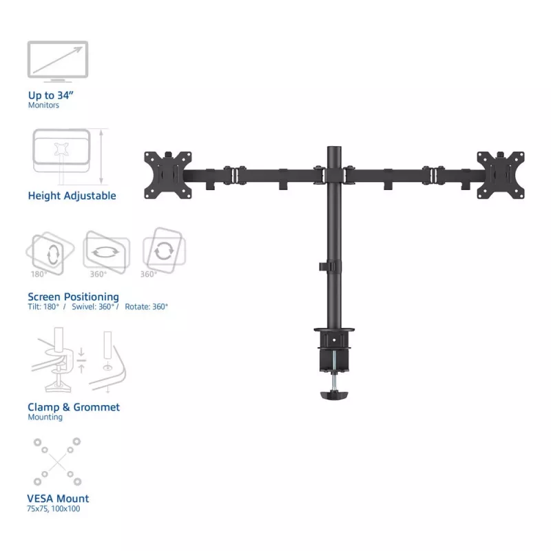 ACT AC8302 Dual-Monitor-Tischhalterung, bis 32 Zoll, Klemme/Durchschraubbefestigung, Schwarz
