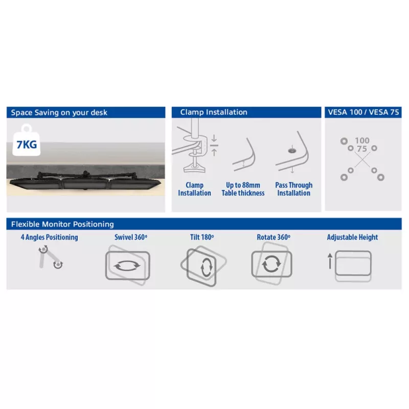 ACT AC8303 Triple-Monitor-Tischhalterung, bis 27 Zoll, Klemme/Durchschraubbefestigung, Schwarz