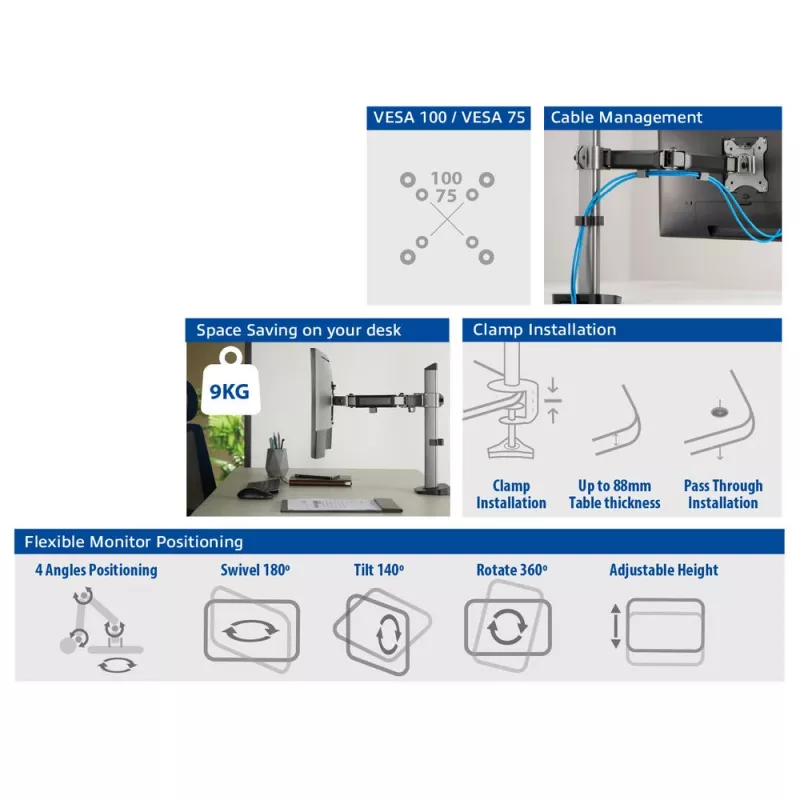 ACT AC8335 Einzelmonitor-Tischhalterung bis 32 Zoll, Klemme/Bolzen, Silber