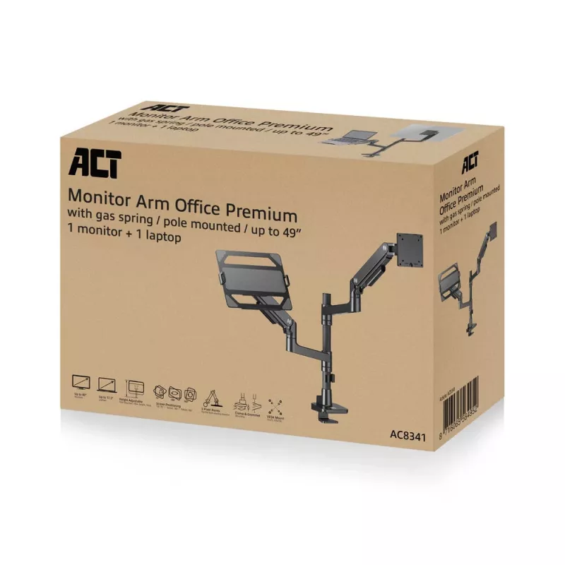 ACT AC8341 Einzelmonitorarm mit Laptophalterung Office Premium, Gasfeder, Stangenmontage