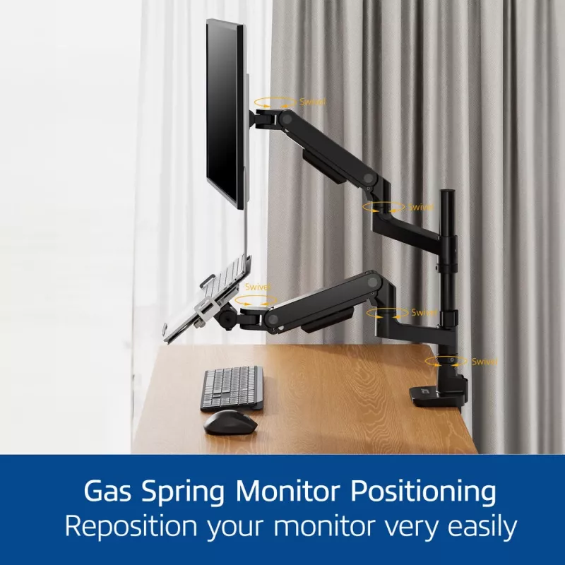 ACT AC8341 Einzelmonitorarm mit Laptophalterung Office Premium, Gasfeder, Stangenmontage