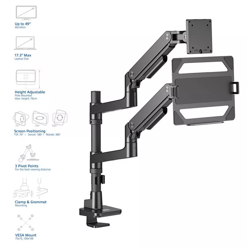 ACT AC8341 Einzelmonitorarm mit Laptophalterung Office Premium, Gasfeder, Stangenmontage