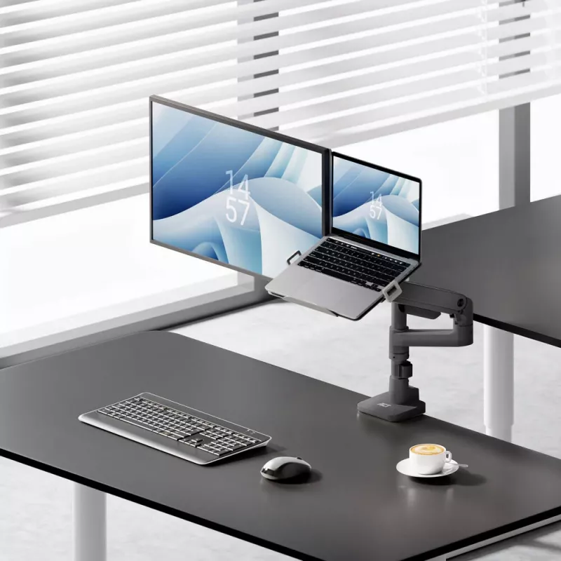ACT AC8341 Einzelmonitorarm mit Laptophalterung Office Premium, Gasfeder, Stangenmontage