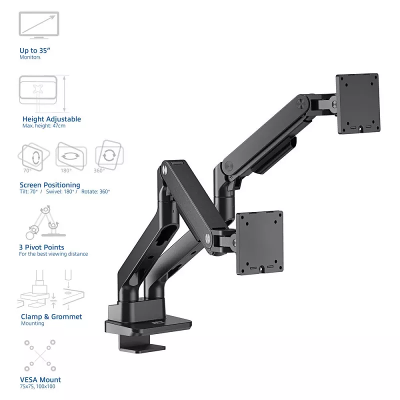 ACT AC8342 Doppelmonitorarm Office Premium, Gasfeder, 2 Monitore