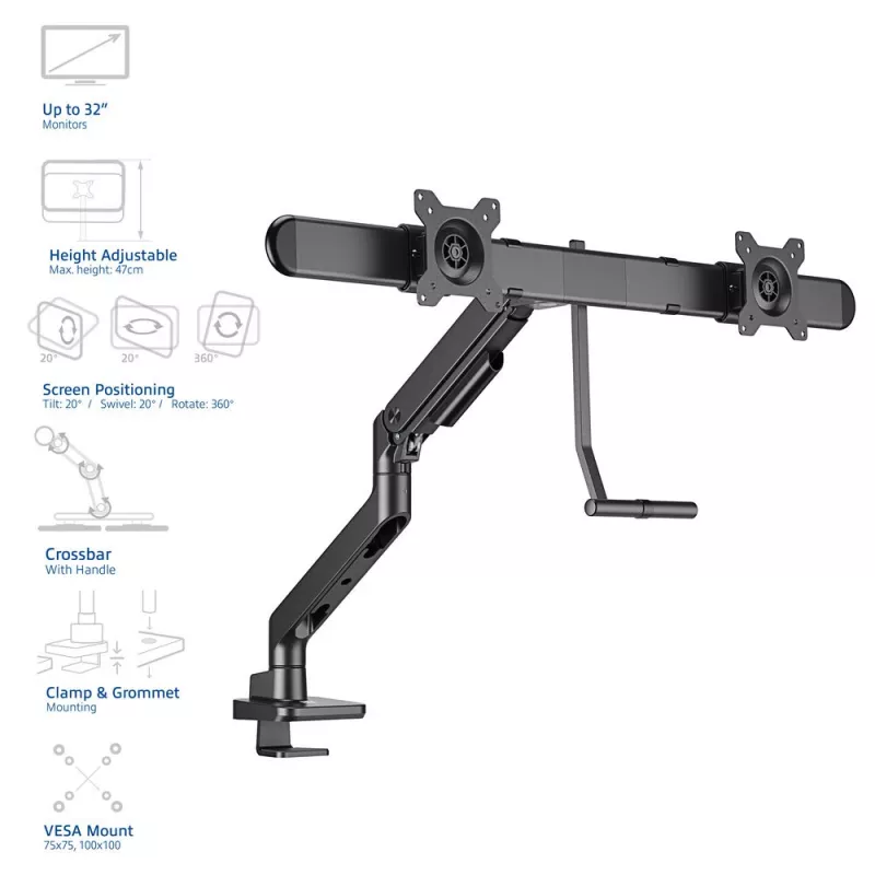 ACT Monitorarm 32 Zoll Büro Premium, Gasfeder, Querstange, 2 Monitore