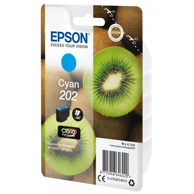 Epson Kiwi Singlepack Cyan 202 Claria Premium Ink, Standardertrag, Cyan, 4,1 ml, 1 St., 300 Seiten