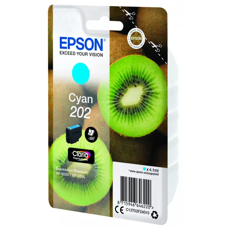 Epson Kiwi Singlepack Cyan 202 Claria Premium Ink, Standardertrag, Cyan, 4,1 ml, 1 St., 300 Seiten