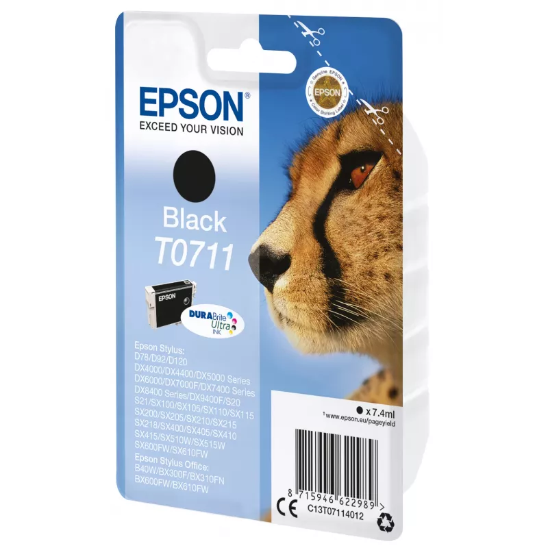 Epson Singlepack Schwarz T0711 DURABrite Ultra Tinte, Schwarz, pigmentbasierte Tinte, 7,4 ml, 1 Stk., 250 Seiten