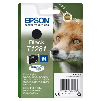 Epson Fox Singlepack Schwarz T1281 DURABrite Ultra Tinte, Schwarz, pigmentierte Tinte, 5,9 ml, 1 Stück