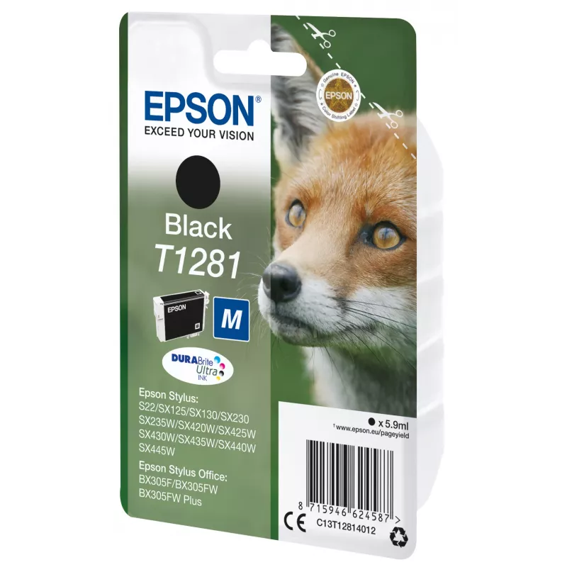Epson Fox Singlepack Schwarz T1281 DURABrite Ultra Tinte, Schwarz, pigmentierte Tinte, 5,9 ml, 1 Stück