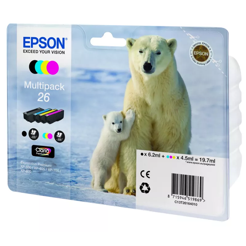 Epson 26 C13T26164020 Tinten-Multipack, 4er-Pack, Schwarz, Cyan, Magenta, Gelb