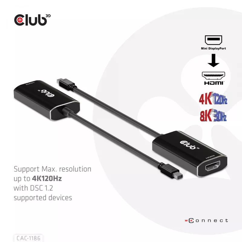 Club 3D CAC-1186 aktives Adapterkabel Mini DisplayPort auf HDMI 2.1, 4K 120 Hz, 8K 30 Hz, HDR, 15 cm, Stecker/Buchse