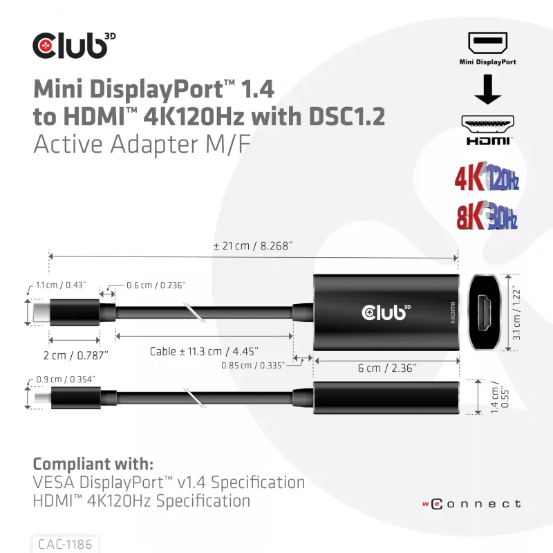 Club 3D CAC-1186 aktives Adapterkabel Mini DisplayPort auf HDMI 2.1, 4K 120 Hz, 8K 30 Hz, HDR, 15 cm, Stecker/Buchse