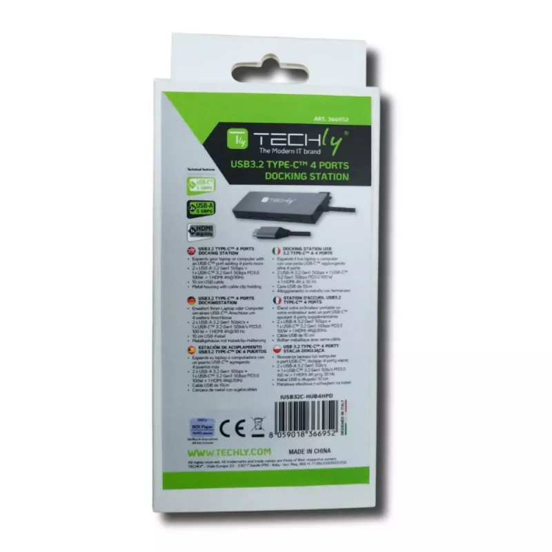 Techly IUSB32C-HUB4HPD USB-C-Hub 4-in-1, USB 3.2 Type-C Dockingstation, 2x USB-A, 1x USB-C, HDMI