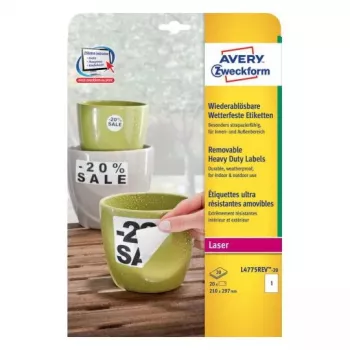 Selbstklebendes Rechtecketikett Avery Zweckform L4775REV-20 — Weiß, Permanent, 210×297 mm, 20 Blatt