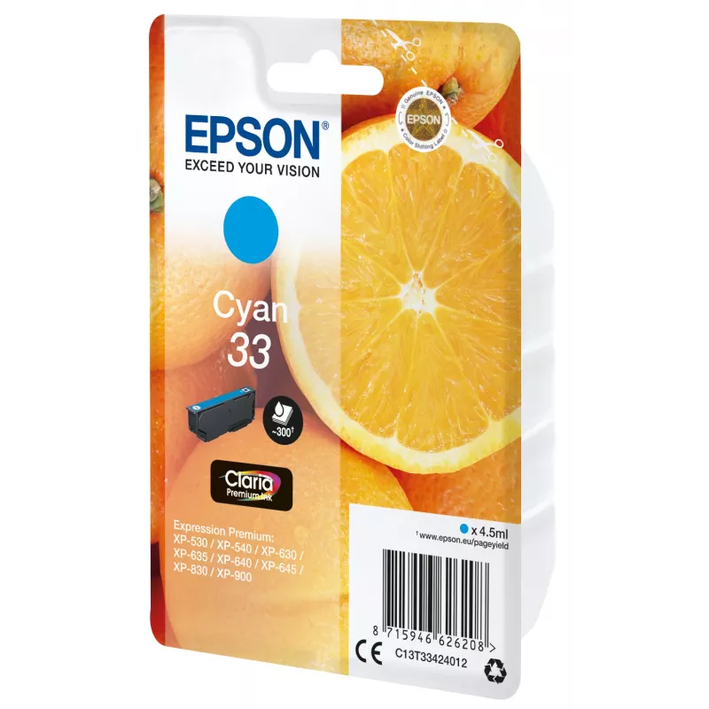 Epson Oranges Einzelpack Cyan 33 Claria Premium Tinte, Cyan, 4,5 ml, 1 Stk., 300 Seiten