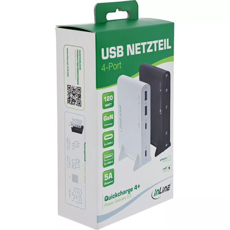 InLine GaN USB-Netzteil, 4-Port, 2x USB-C + 2x USB-A, 120 W, Schwarz (31515B)