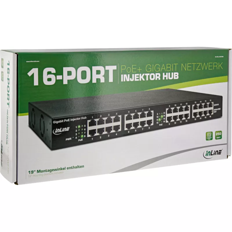 InLine PoE+ Gigabit Injector Hub 16 Port PoE+ 250 W, 19" 1U, Halterungen enthalten, 2 Lüfter, Schwarz