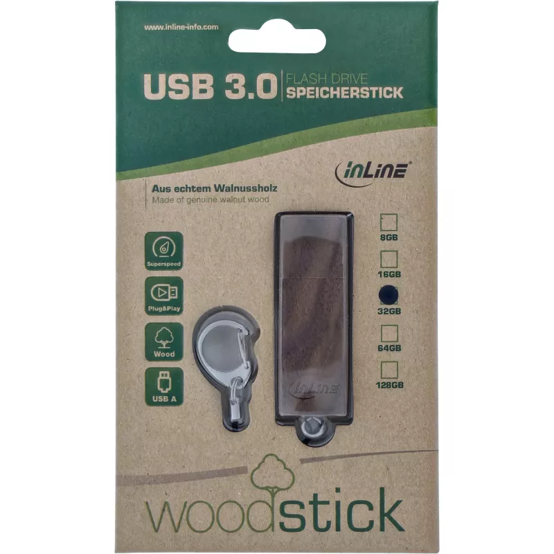 InLine USB 3.0 Flash-Laufwerk, Walnussholz, mit Schlüsselanhänger, 128 GB