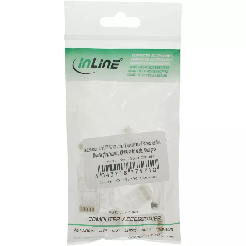 InLine Modularstecker 10P10C zum Crimpen einer Western-Buchse an Flachbandkabel, 10 Stück