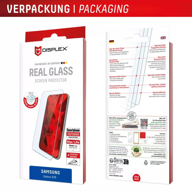 Displex Displayschutz (10H) für Samsung Galaxy A36, Eco Montagerahmen, kratzfest