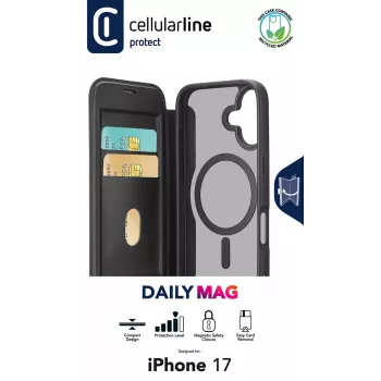 Cellularline Daily Mag - iPhone 17 Book-Cover mit halbtransparenter Hartrückseite, kompatibel mit dem Magsafe®-Ökosystem