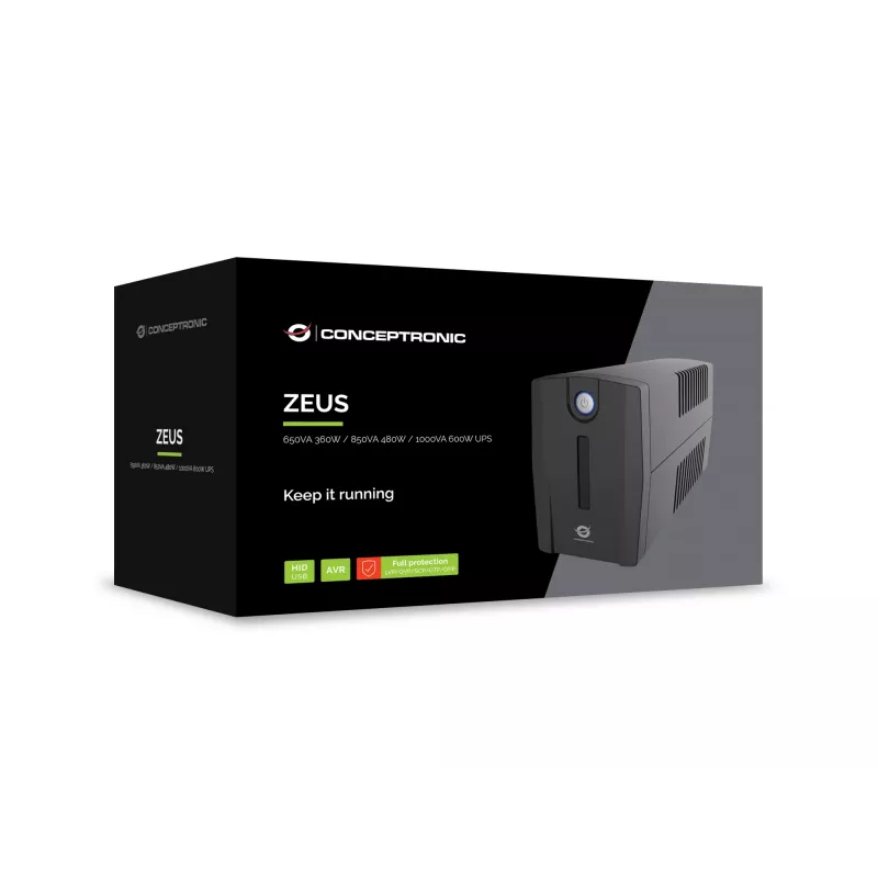 Conceptronic ZEUS01G 650VA 360W USV, UK-Steckdose x 2, HID USB, RJ45 In/Out, AVR