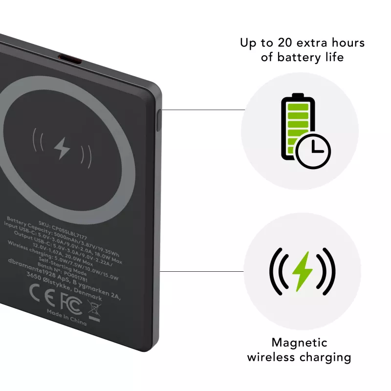 dbramante1928 re-charge - Powerbank 5K Wireless - Grau, 5000 mAh, Kabelloses Laden, 3,87 V, Grau