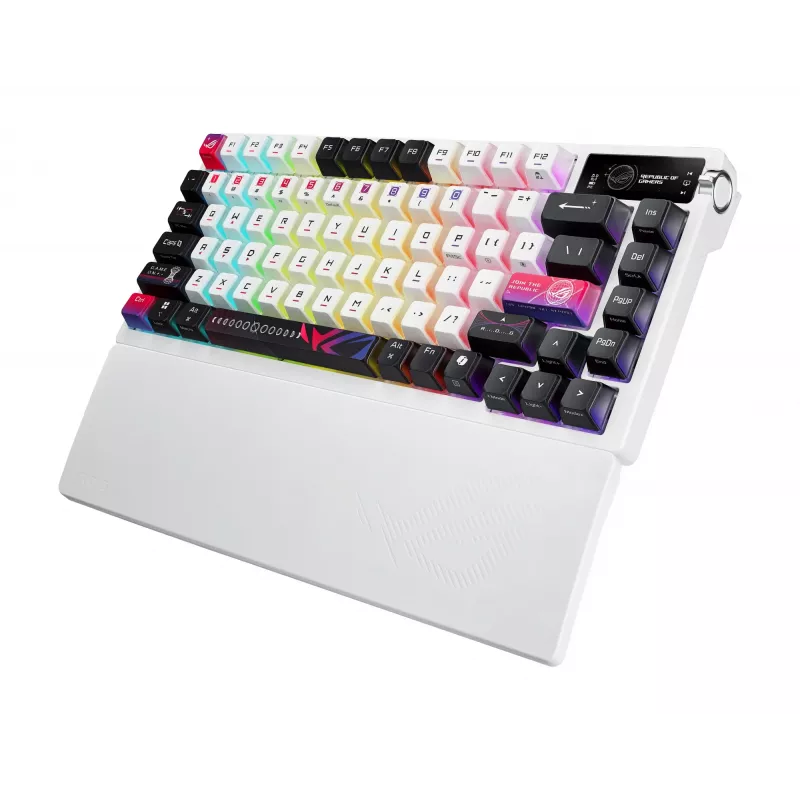 Mechanische Gaming-Tastatur ASUS ROG Azoth X — 75%-Layout, USB + RF Wireless + Bluetooth, RGB, Handgelenkauflage, Schwarz/Weiß