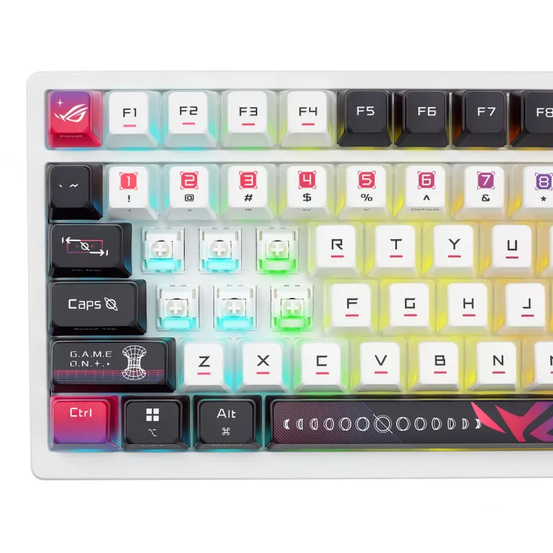 Mechanische Gaming-Tastatur ASUS ROG Azoth X — 75%-Layout, USB + RF Wireless + Bluetooth, RGB, Handgelenkauflage, Schwarz/Weiß