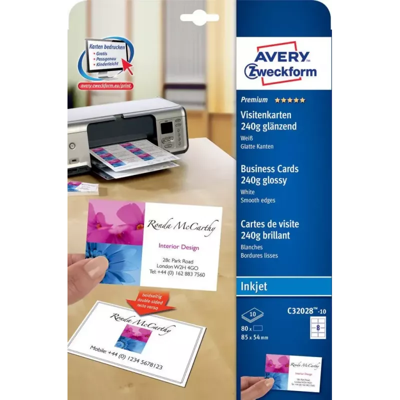 Avery Zweckform Quick&Clean C32028-10 Glänzende Fotovisitenkarten, Weiß, 220 g/m2, 10 Blatt