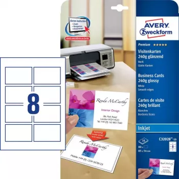 Avery Zweckform Quick&Clean C32028-10 Glänzende Fotovisitenkarten, Weiß, 220 g/m2, 10 Blatt