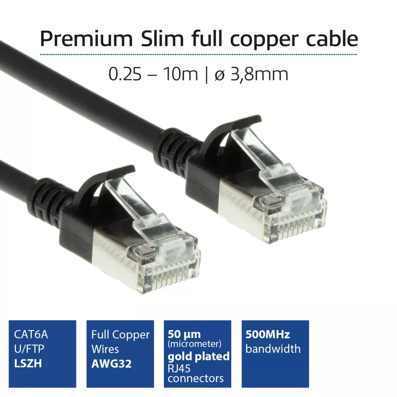 ACT Schwarz 2 Meter LSZH U/FTP CAT6A Datacenter Slimline Patchkabel snagless mit RJ45-Steckern