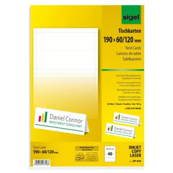 Sigel DP049 Tischkarten, 190 x 60 mm, 185 g/m², hochweiß, 40 Stück (20 Blatt x 2)
