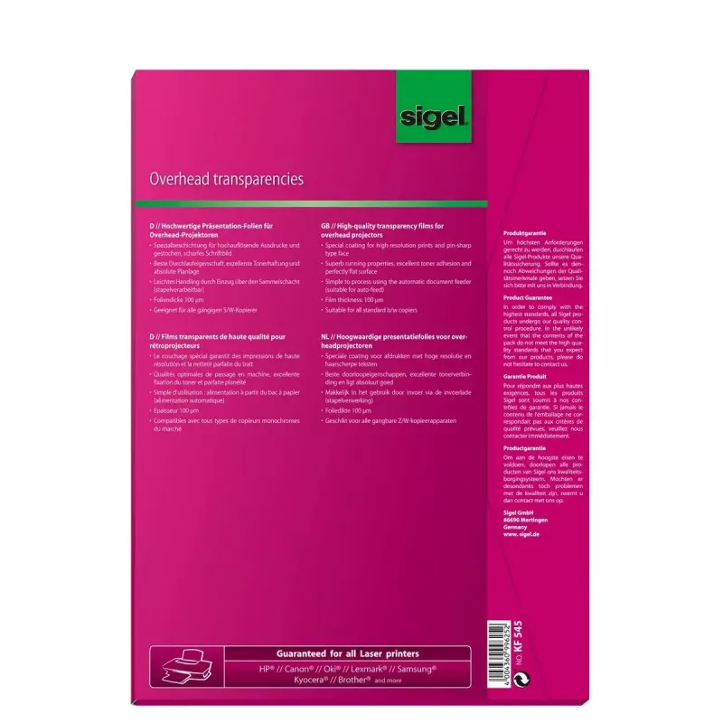 Druckerfolie A4 Sigel KF545 Transparent 100 Blatt