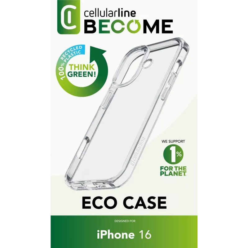 Cellularline Become Case - iPhone 16 Hülle aus 100 % recyceltem Kunststoff