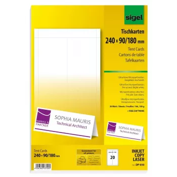 Sigel DP050 Tischkarten, 240 x 90 mm, 185 g/m², Hochweiß, 20 Stück