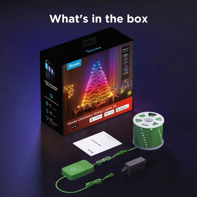 Govee Smart-Lichterkette 2S 20 m, Wi‑Fi/Bluetooth, grün, 20 m Länge, 2,5 m Netzkabel, 6 mm Breite