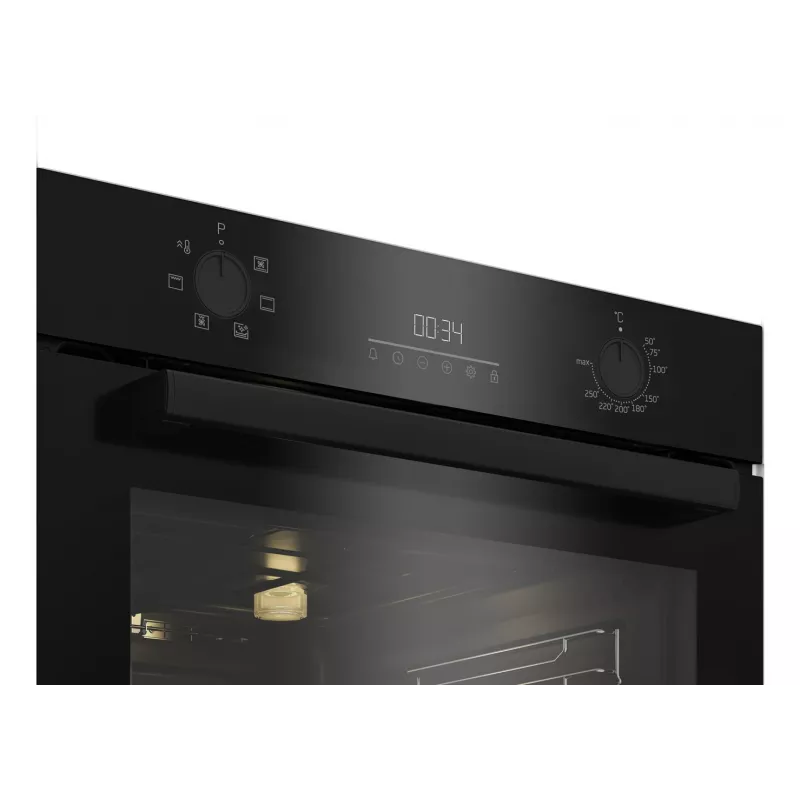 Einbau-Elektrobackofen BEKO BBIE123001BD — 72 L, 2400 W, LED-Anzeige, versenkbare Drehknöpfe, Dampf-Selbstreinigung, schwarz